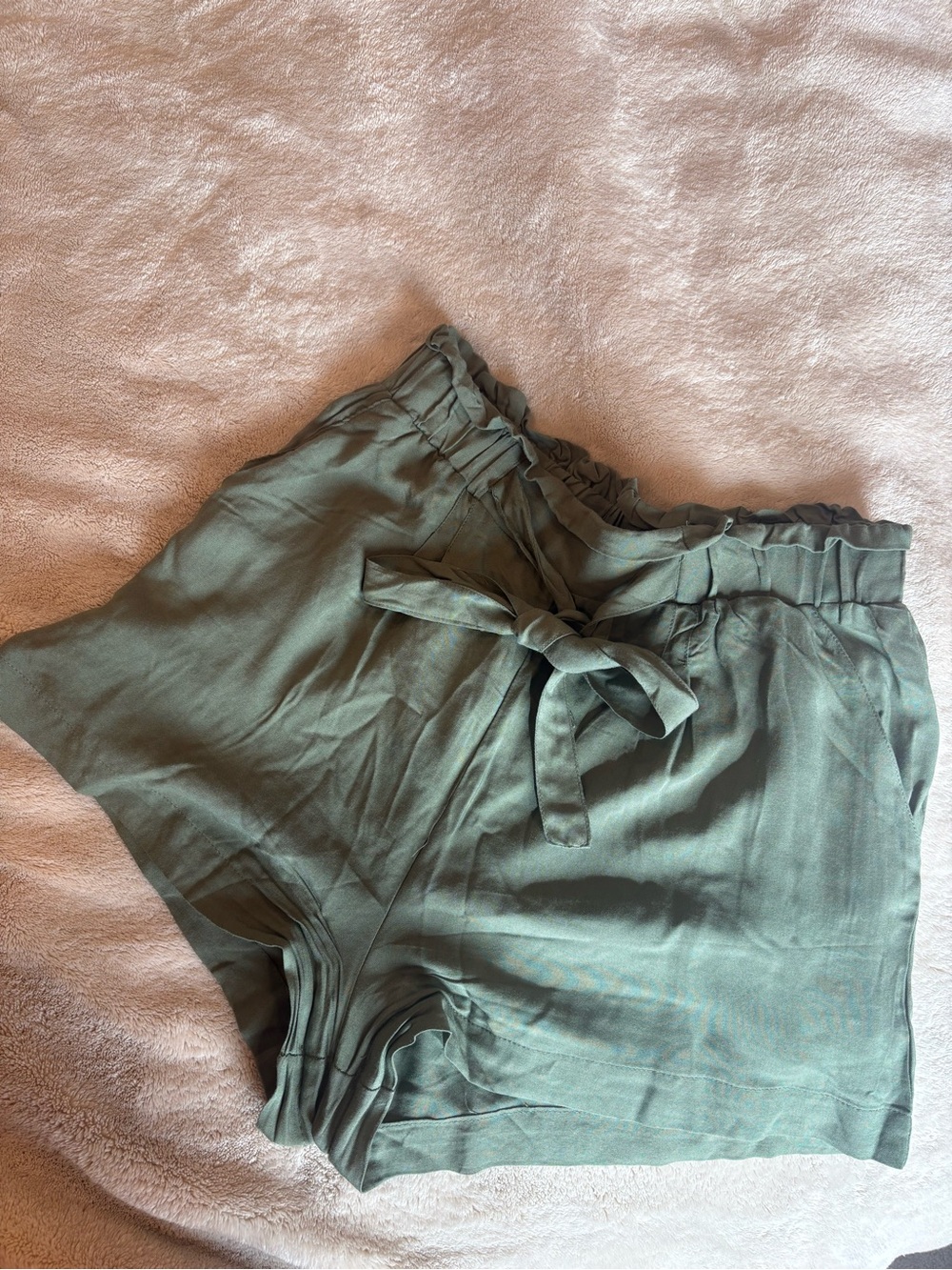 Olive Green Paperbag Waist Tie Shorts